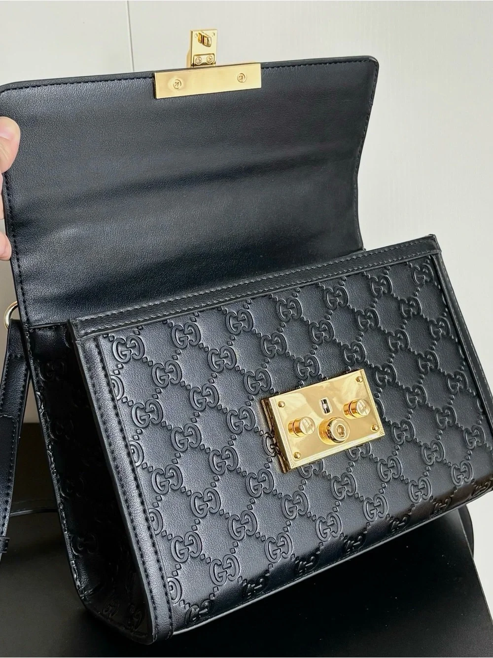Gucci Black Embossed Leather Top Handle Satchel with Gold Hardware